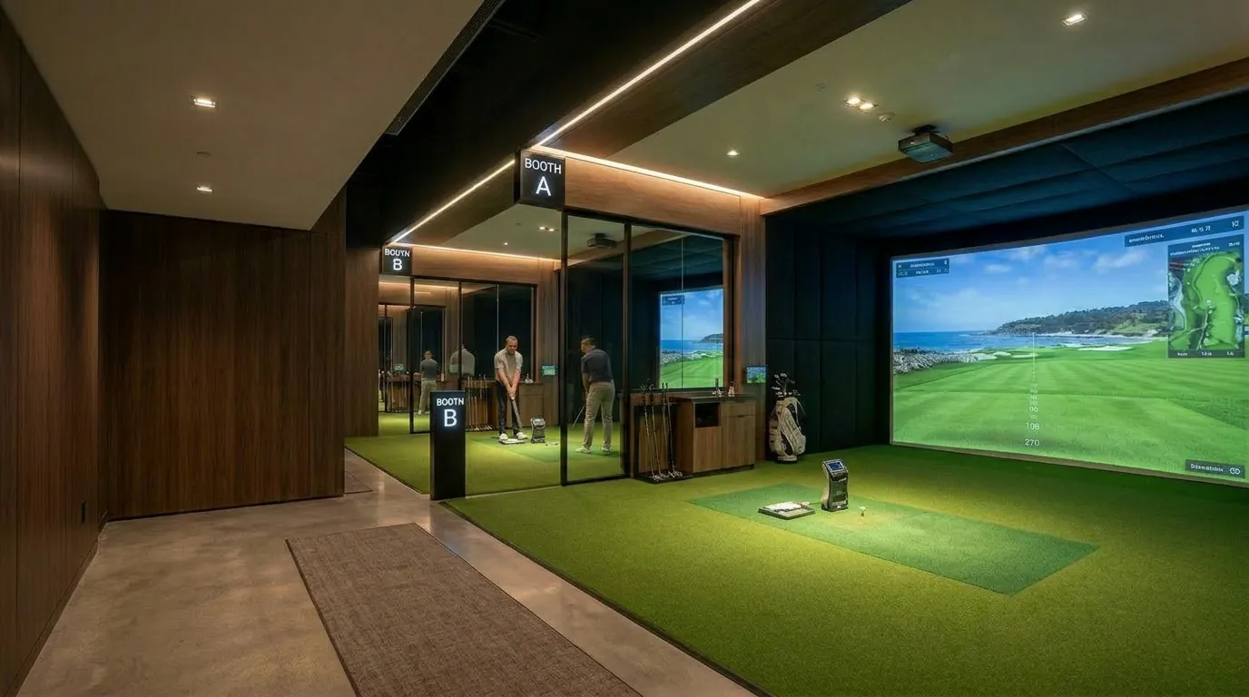 3つのゴルフシミュレーターブースが並ぶKohmei INDOOR GOLFの施設内